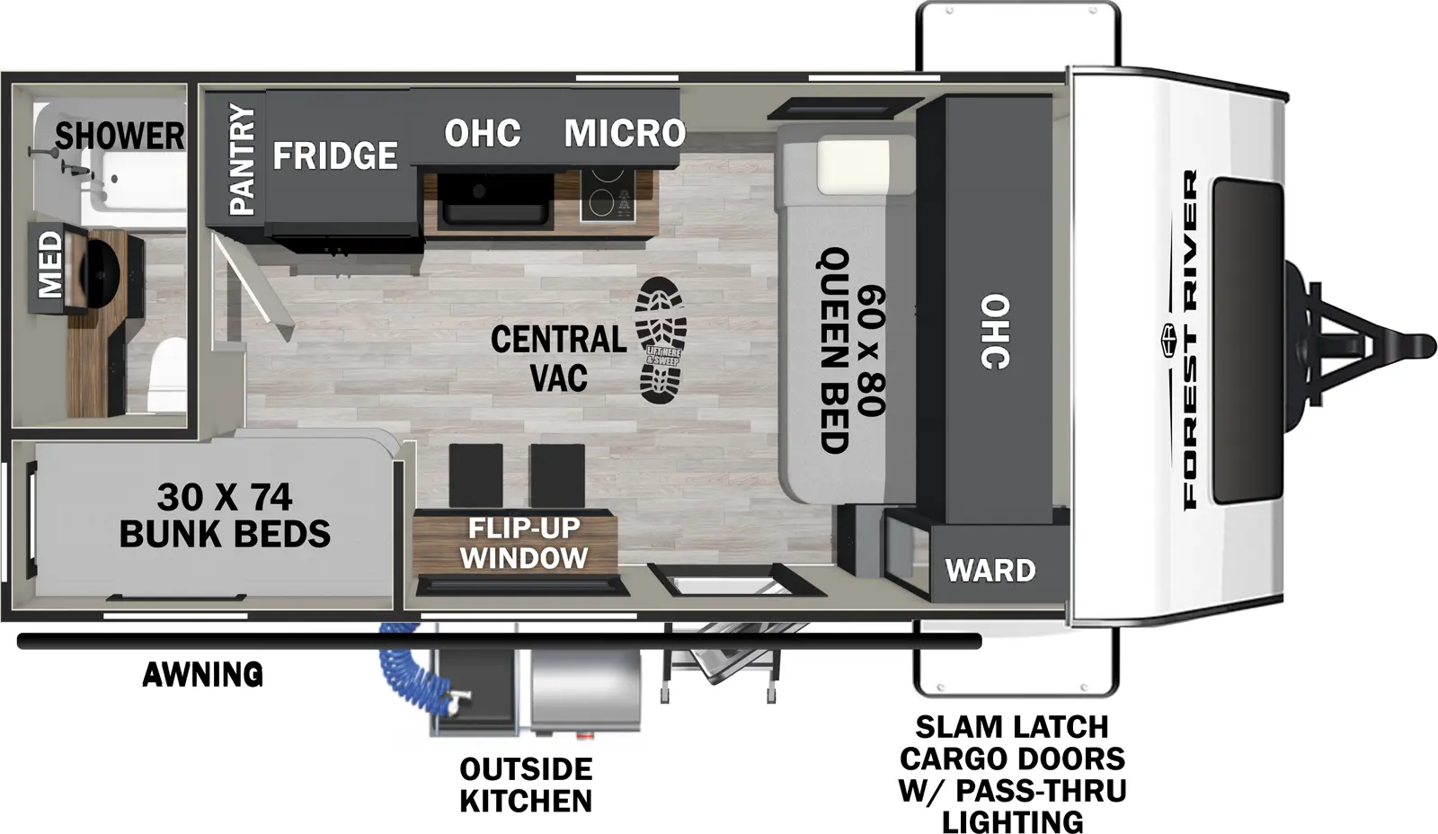 The Ibex 16MKD floorplan has one entry and zero slide outs. Exterior features include: fiberglass exterior and outside kitchen. Interiors features include: bunk beds and front bedroom.